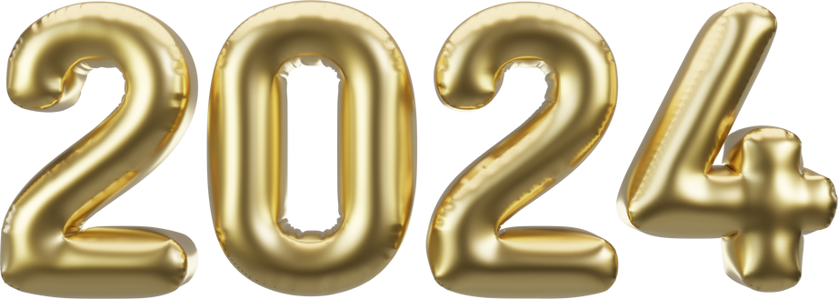 Happy New Year 2024 metallic gold foil balloons.